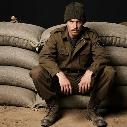 Intense Man in Military Attire Crouched