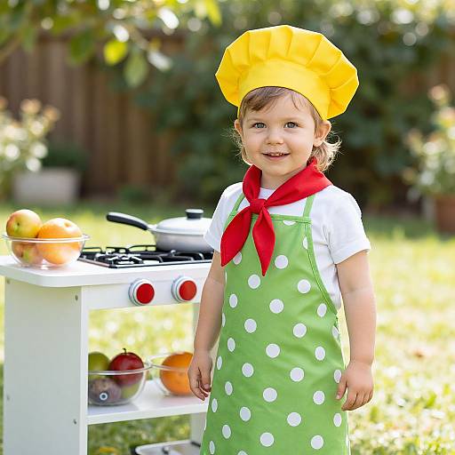 Photograph of a smiling toddler in a yellow hat, red scarf, green polka-dot apron, standing in a sunny backyard kitchen play area.