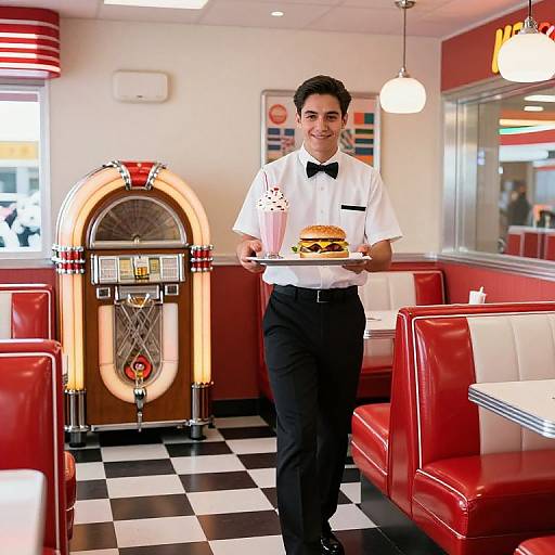 Photograph of a male waiter with dark hair, wearing a white shirt, black bow tie, and black pants, holding a burger, in a retro