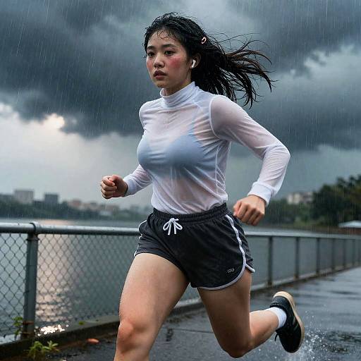 Woman Running in Rain by Lake