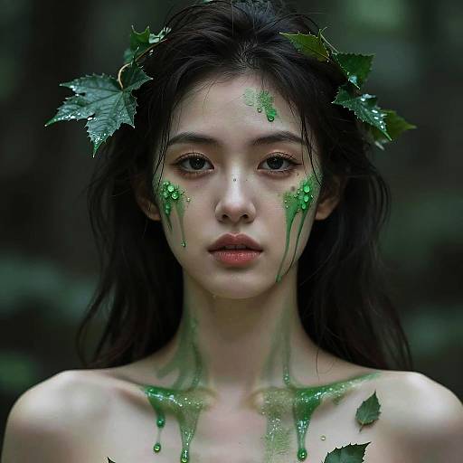 Woman with Green Paint and Leaves Portrait