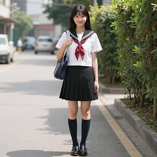 Smiling Asian Woman in Sailor Uniform