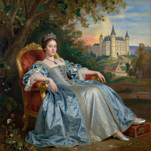 Baroque-style painting of a regal woman in a blue, gold-embellished gown, seated on a red chair, with a castle in