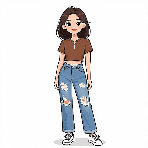 Digital anime-style drawing of a smiling young woman with short black hair, wearing a brown crop top and ripped blue jeans, standing against a white background.