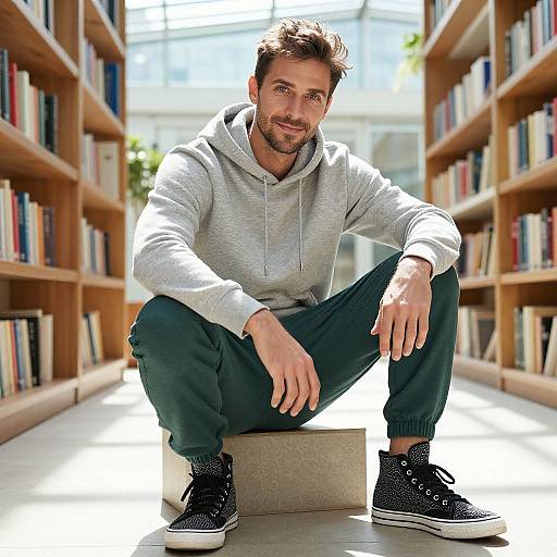 Photograph of a bearded man with dark hair, wearing a gray hoodie, black pants, and black sneakers, squatting between two wooden booksh