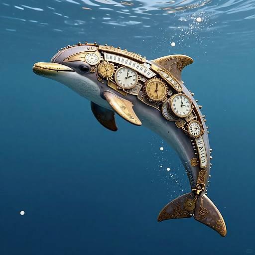 Photograph of a dolphin adorned with large, ornate gold pocket watches along its body, swimming underwater in a deep blue ocean.