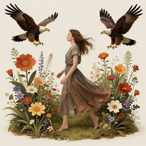 Illustration of a barefoot woman in a flowing dress, surrounded by colorful flowers, with two eagles flying above her head.