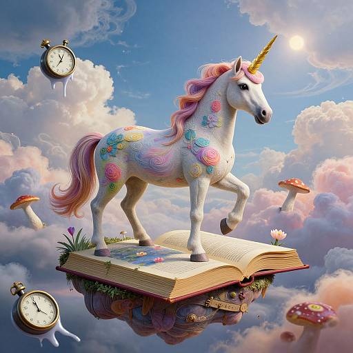 Fantastical digital artwork: unicorn with pastel mane, flower-adorned body, standing on an open book, floating above a clock, mushrooms