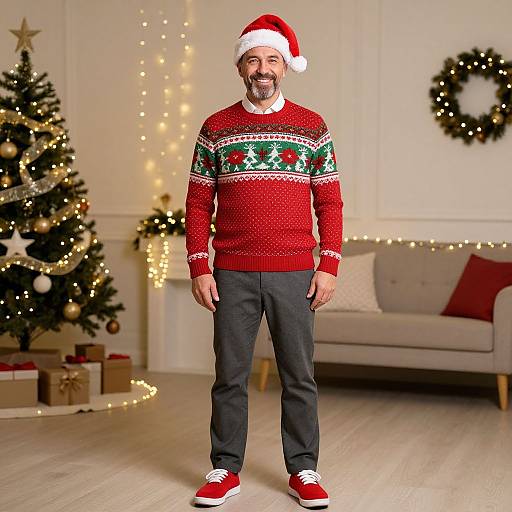 Photograph of bearded man with red Santa hat, red Christmas sweater, dark pants, and red sneakers, standing in festive living room.