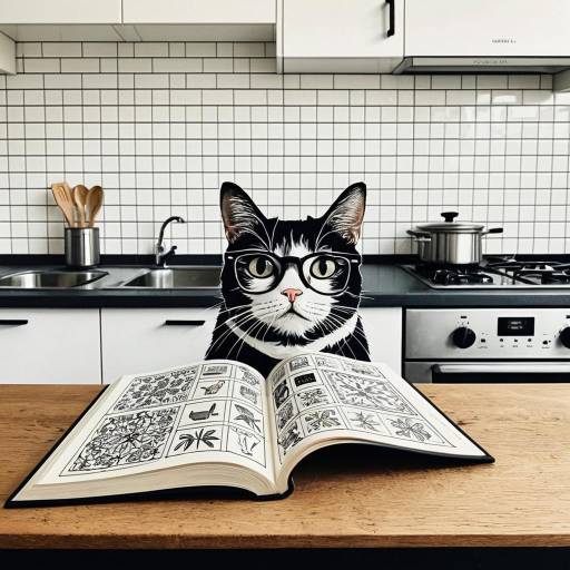 Illustrated Cat Wearing Glasses in Kitchen