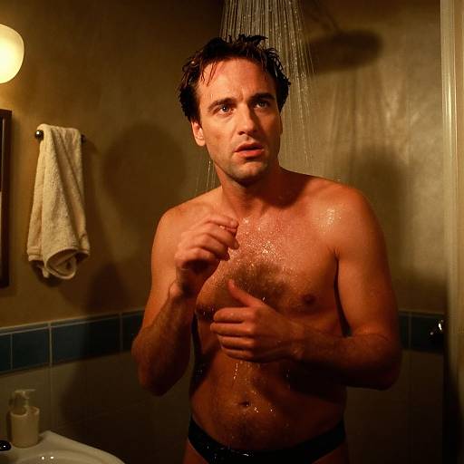 Photograph of a wet, shirtless man with short dark hair and a muscular build, standing under a shower in a dimly lit bathroom, holding