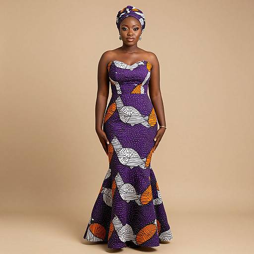 Photograph of a dark-skinned woman in a strapless, purple, white, and orange patterned maxi dress with a matching headwrap, standing