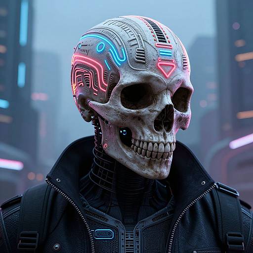 Cyberpunk Skull Figure with Neon Engravings