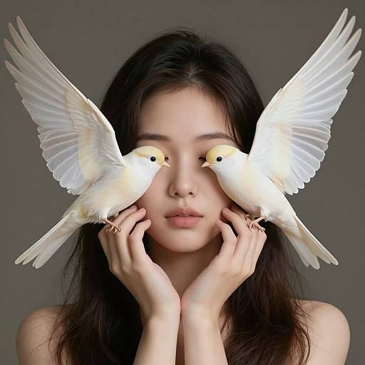Ethereal Birds on Serene Woman's Cheeks