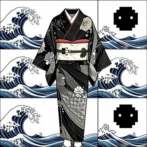 Digital art of a black yukata with red obi, floral patterns, and white belt, set against a wave pattern background with pixelated black