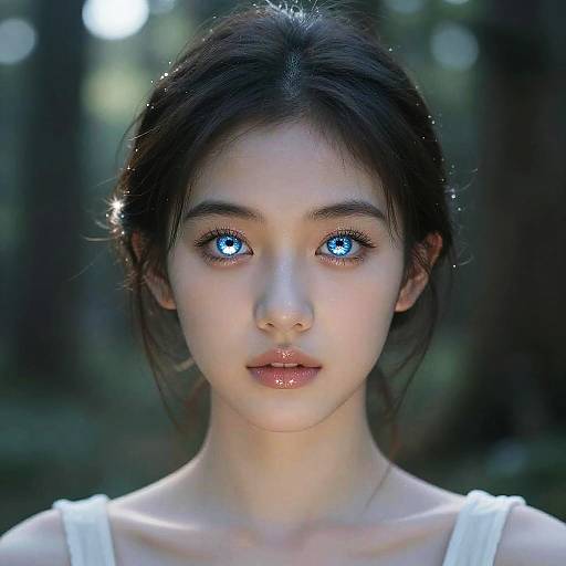 Photograph of a young Asian woman with glowing blue eyes, dark hair, and fair skin, wearing a white top, in a forest background.