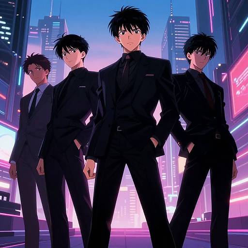 Anime-style digital illustration of four black-haired men in black suits standing in a neon-lit, futuristic city street at night.