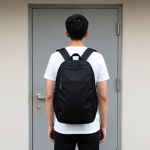 Photograph of a man with short black hair, wearing a white t-shirt and black backpack, standing in front of a gray door.