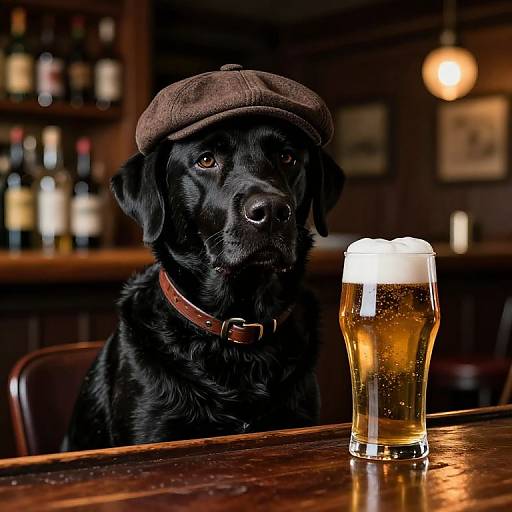 Photograph of a black Labrador dog wearing a brown flat cap, collar, sitting at a bar with a foamy pint of beer in front. Bl