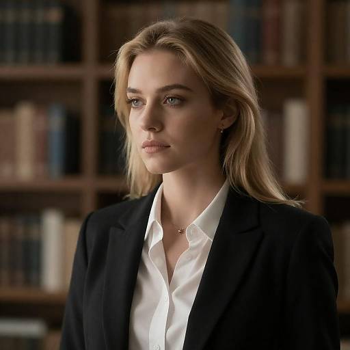 Serious Blonde Woman in Blurred Background