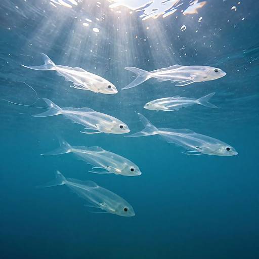 Photograph of six translucent, silver fish swimming in a deep blue underwater environment, with sunlight rays filtering through the water.