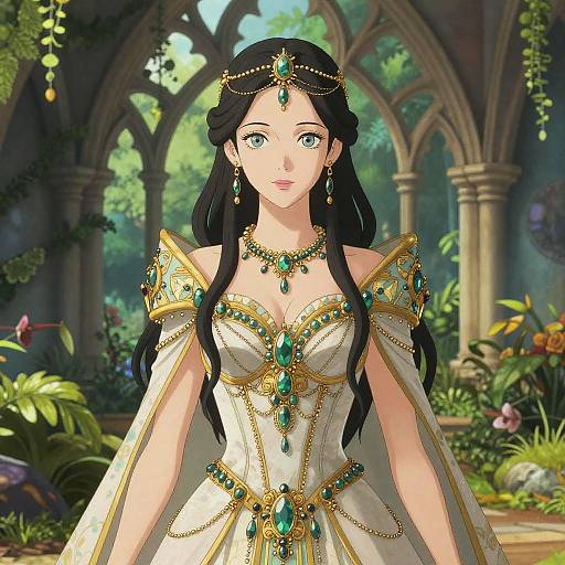 Anime-style digital illustration of a fair-skinned, green-eyed woman with long black hair, wearing an ornate, white, emerald-encr