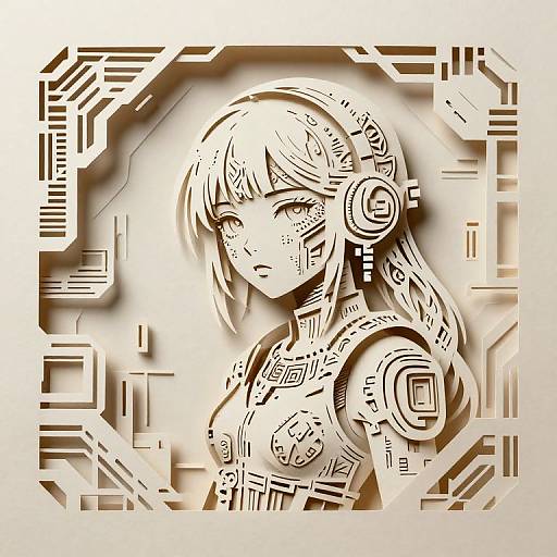 Digital drawing of a futuristic female character with cybernetic tattoos, large headphones, and intricate geometric patterns in sepia tones.