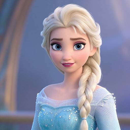 Digital CGI of Elsa from Frozen, with blonde braid, blue eyes, wearing icy blue, sparkly dress, smiling gently, set against blurred winter