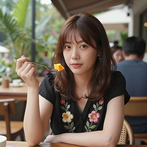 Asian Woman Enjoying Mango Outdoors