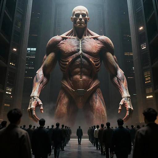 Giant Muscular Figure in Dimly Lit Office Complex