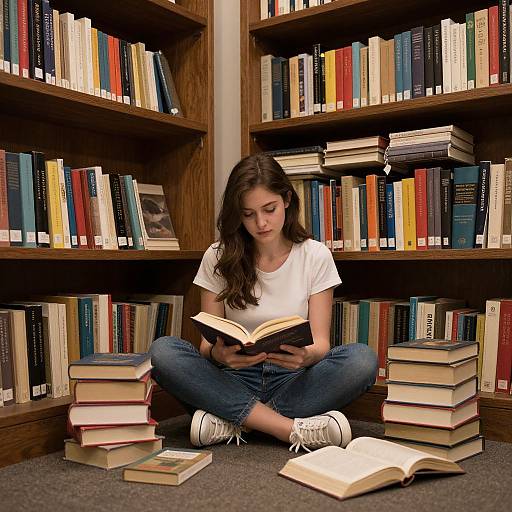 Photograph of a young woman with long brown hair, wearing a white t-shirt and blue jeans, sitting cross-legged in a library, reading a book