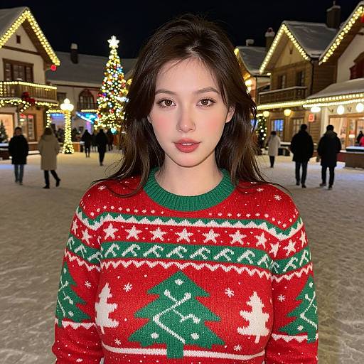 Photograph of a young Asian woman with long black hair, wearing a red Christmas sweater with green and white patterns, standing in a snowy, illuminated town
