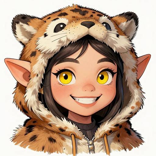 Digital anime-style drawing of a smiling girl with yellow eyes, wearing a tiger-themed hood with pointed ears and a fur-trimmed zipper jacket.