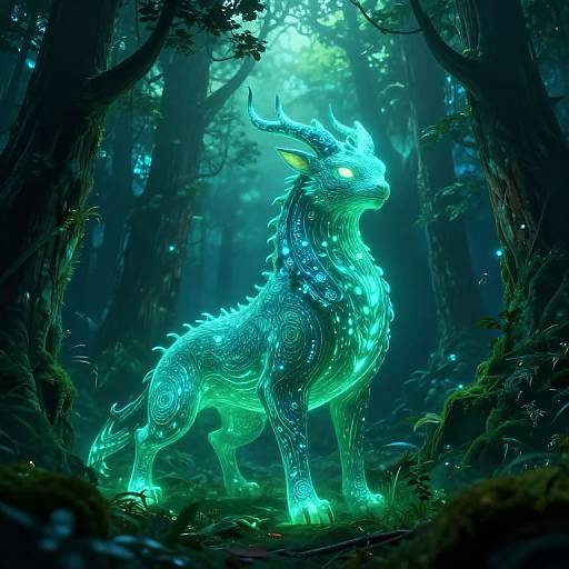 Digital art of a glowing, ethereal, blue, horned forest creature with intricate neon patterns, standing in a mystical, dark forest.