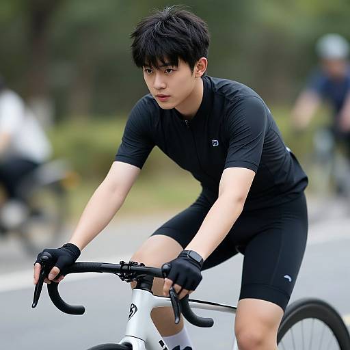 Photograph of an Asian male cyclist in black outfit, gloves, and white socks, leaning forward on a road bike, blurred green background, focused expression