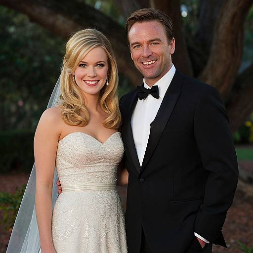 Photograph of a smiling blonde bride in a white strapless lace gown and veil, standing next to her groom in a black tuxedo, outdoors