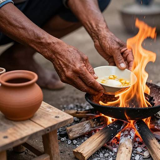 Photograph of dark-skinned hands holding a bowl of food over a vibrant orange campfire, with a clay pot on a wooden table in the background