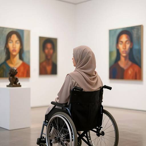 Photograph of a woman in a beige hijab and wheelchair, viewed from behind, gazing at three vibrant, portrait paintings in a well-lit