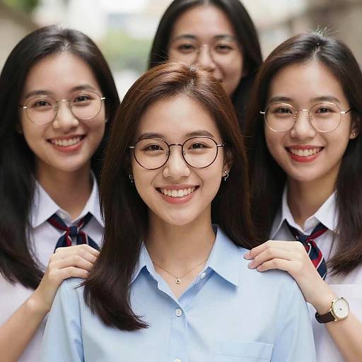 Smiling Asian Girls Outdoors Wearing Glasses