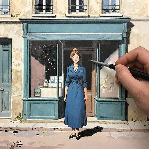 Digital comic-style drawing of a woman in a blue dress standing outside a blue-framed shop, with a hand holding a pen in the foreground.