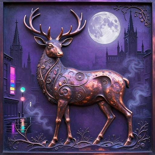 Surreal Copper Stag Amid Neon Gothic Skyline