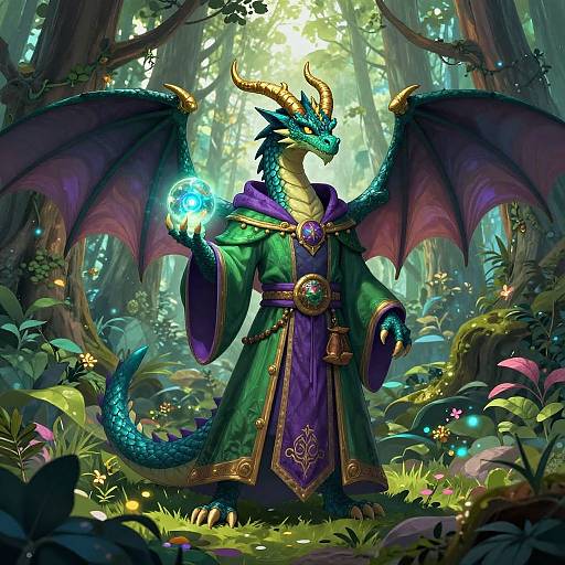 Digital fantasy art of a blue-green dragon in a green robe, holding a glowing blue orb, standing in a lush, enchanted forest.
