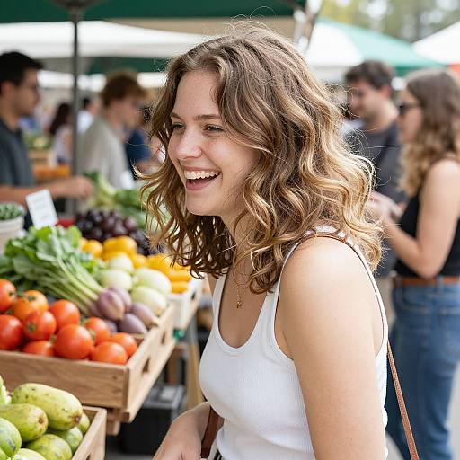 Photograph of a smiling, curly-haired woman with fair skin and a white tank top at a vibrant outdoor market, surrounded by colorful fresh produce and other