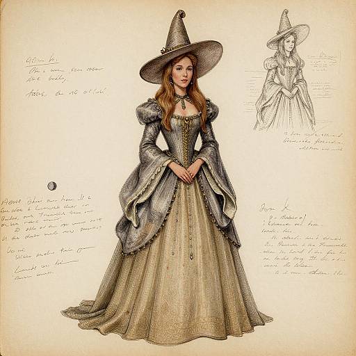 Illustration of a fair-skinned, red-haired witch in a detailed, medieval-style gown with puffed sleeves and a wide-brimmed hat,