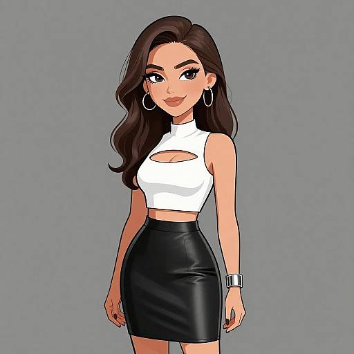 Digital anime-style drawing of a smiling woman with long brown hair, wearing a white crop top, black leather skirt, and silver hoop earrings, against a