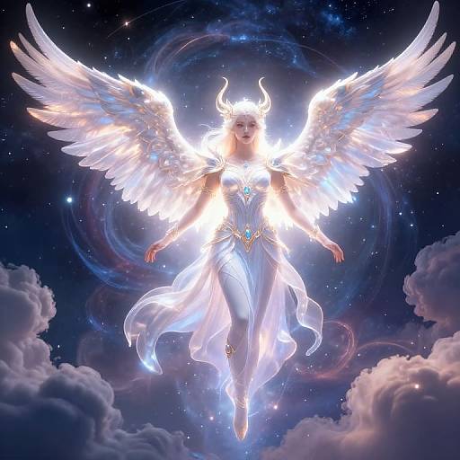 Digital artwork: Glowing, white-winged angel with blonde hair, wearing a luminous, silver dress, floating in a starry, cosmic sky