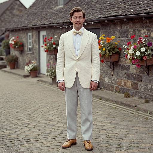 Photograph of a young man in a white tuxedo with bow tie, light gray pants, and brown shoes, standing on a cobblestone
