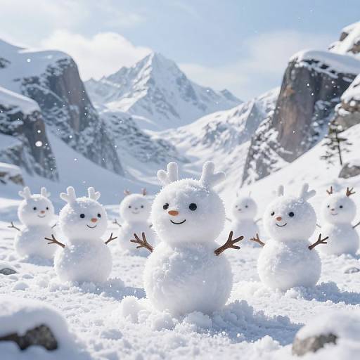 Photograph of six cheerful snowmen with black eyes, orange noses, and twig arms standing in a snowy mountain landscape. Bright sunlight, snow-covered peaks