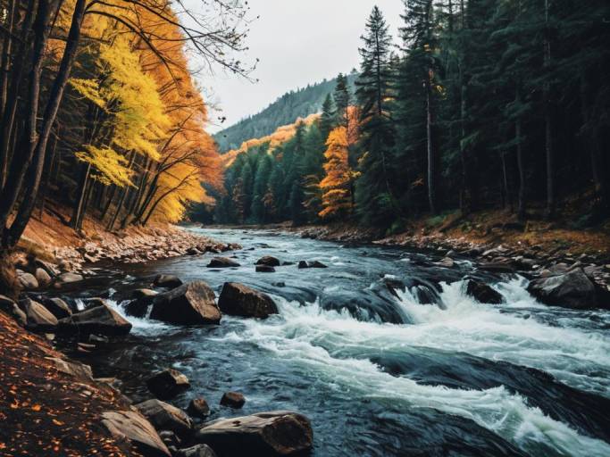 Autumn River Flowing Through Forest