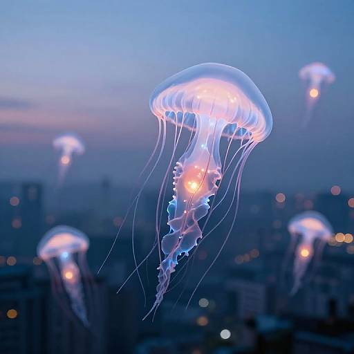 Bioluminescent Jellyfish Over Cityscape
